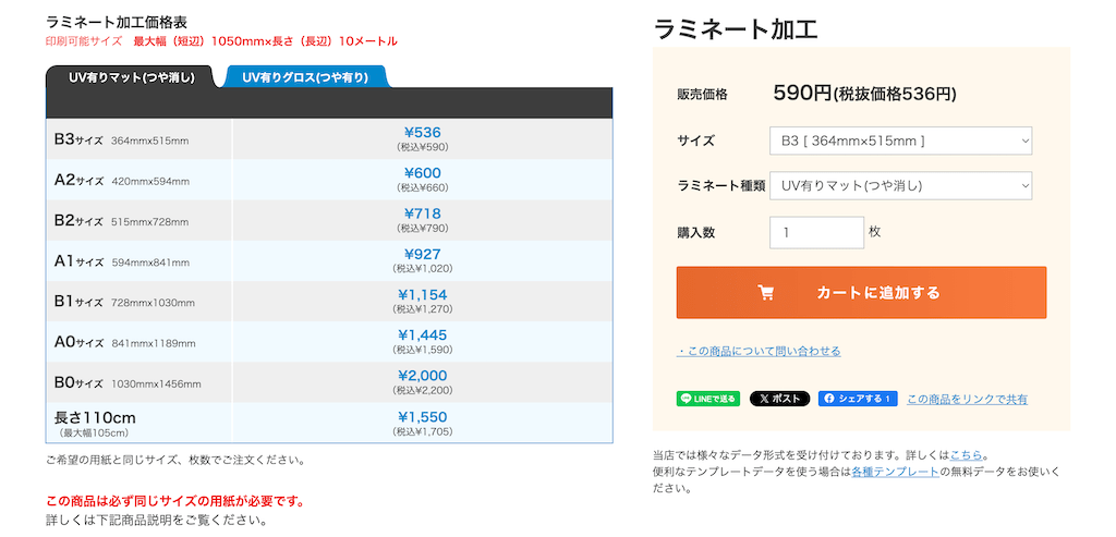 「ラミネート加工」の注文ページ